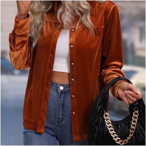 Luxe Velvet Button down Oversized Shirt Top - Picture 2 of 5